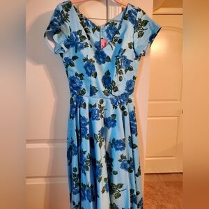 Vixen by Micheline Pitt Blue Vintage Roses Swing dress EUC Unicorn